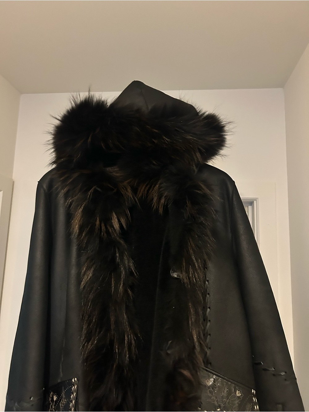 Men's and women’s Black Shearling Leather Coat with Fur Trim